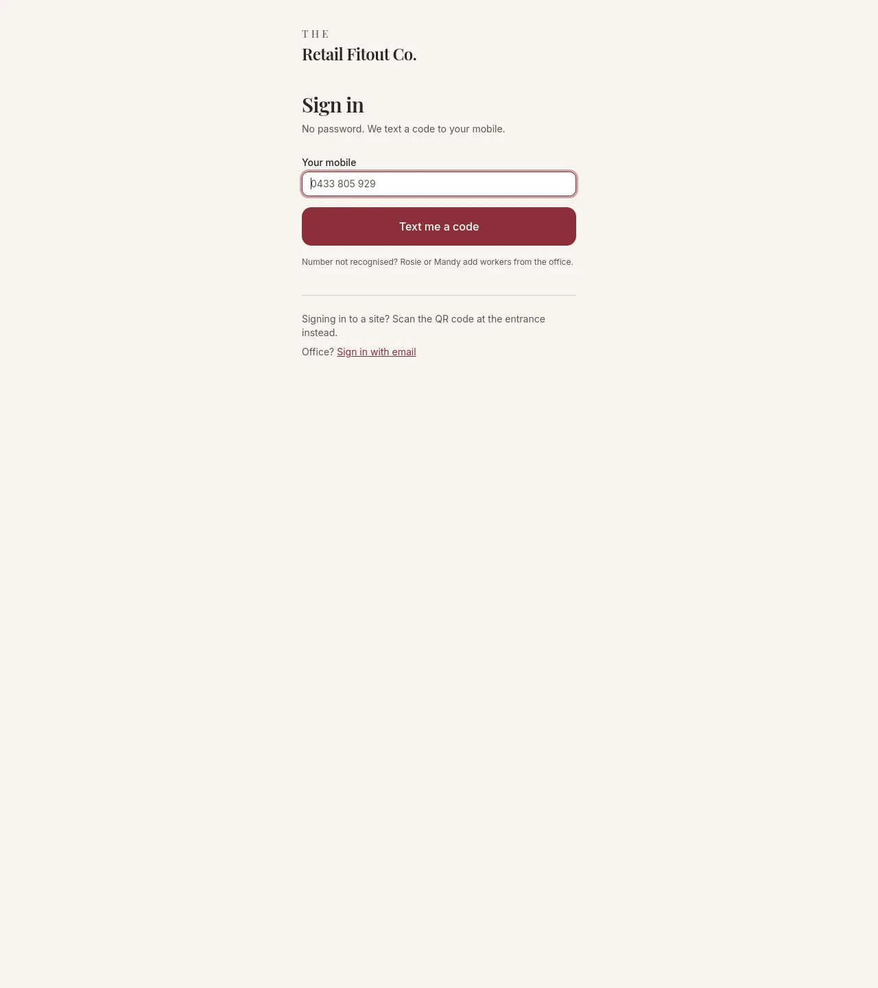Retail Fitout Co app — passwordless mobile site sign-in screen.