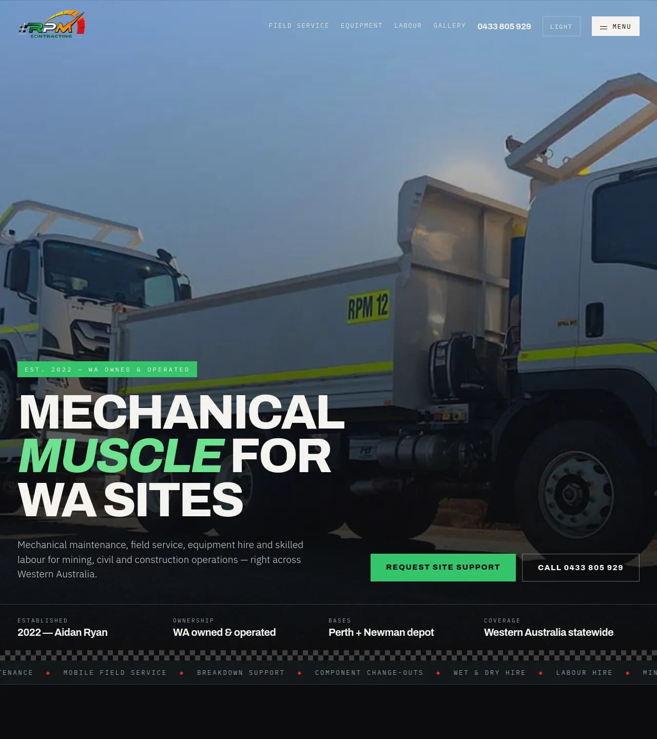 RPM Contracting — WA mechanical field-service and equipment-hire website.