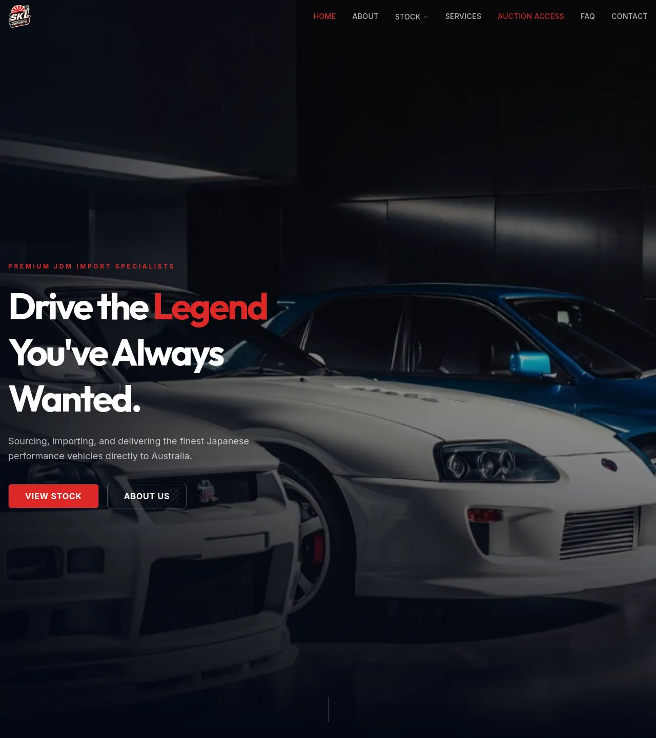 SKL Imports — JDM vehicle import website showing current stock and auction access.