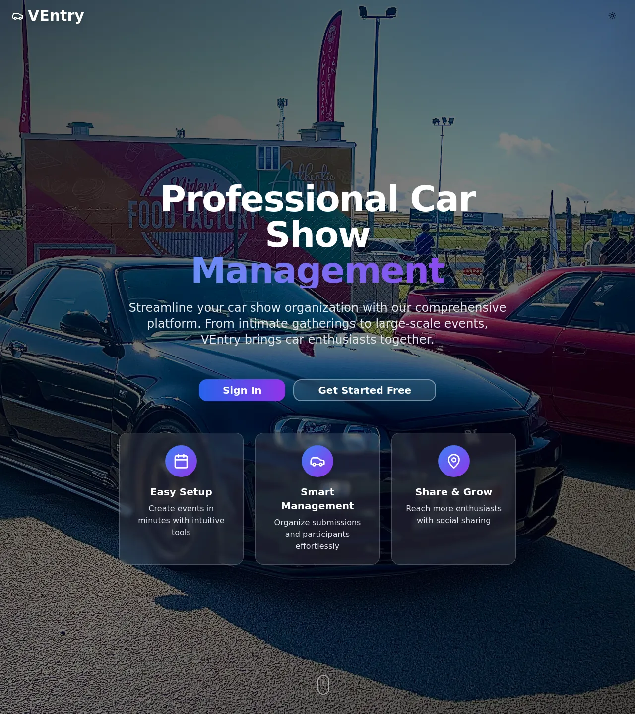 VEntry — car show event platform, showing the event dashboard and entrant registration.